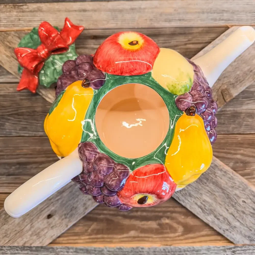 1992 Vintage Fitz and Floyd Omnibus Fruit Basket Tea Pot w/ Red Bow